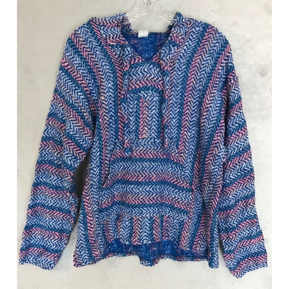 Vintage Womens Molina Poncho Hoodie Surfer Skater Drug Rug Blue Red‎ Small 34/36